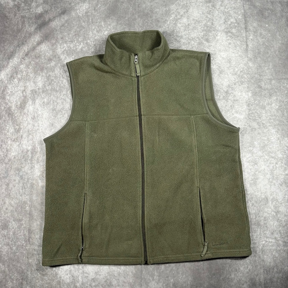 LL Bean Men XL Green Fleece Vest Full Zip Mock Neck Pockets Olive Outdoor Hiking